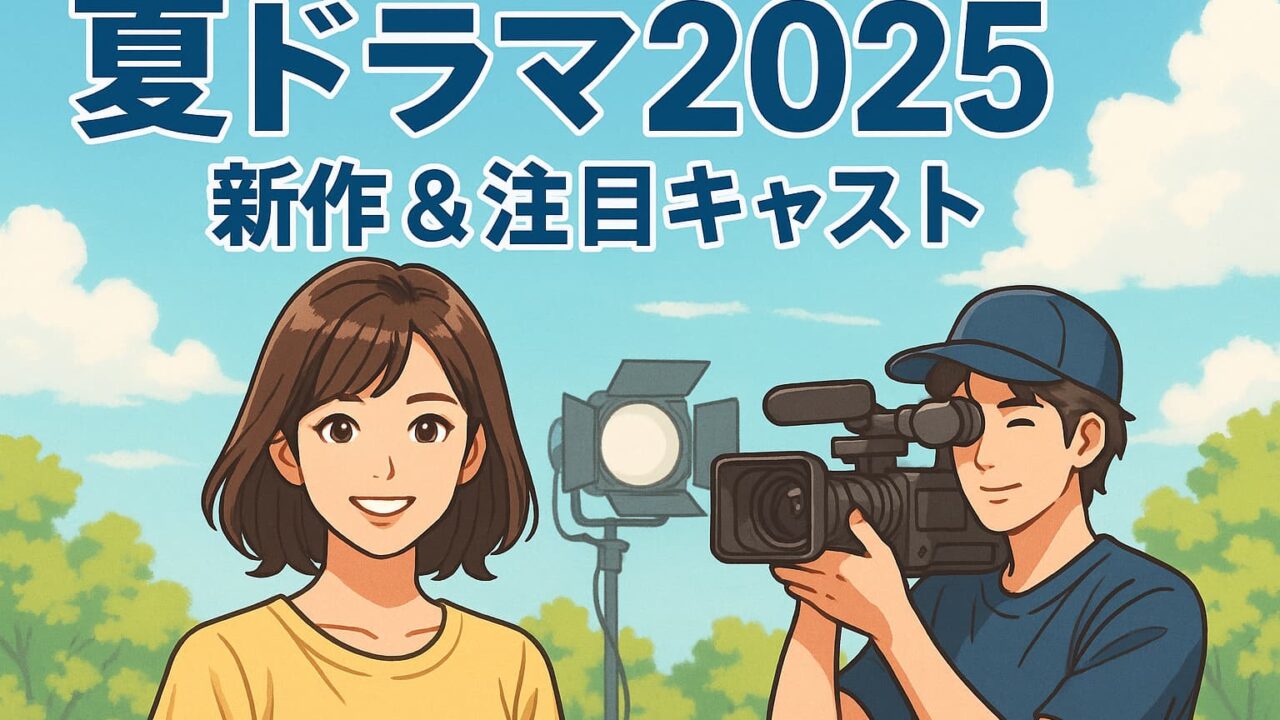 カメラマンと笑顔の女優が並ぶロケ現場のイラスト「夏ドラマ2025 新作＆注目キャスト」の文字入り