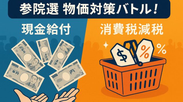 左側に現金給付を象徴する1万円札と手、右側に消費税減税を示す買い物かごと値札が描かれた、政策対立を表現したイラスト