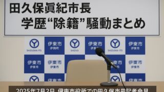 伊東市役所の記者会見会場とマイク、背面パネル