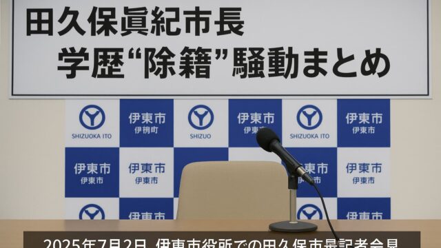伊東市役所の記者会見会場とマイク、背面パネル