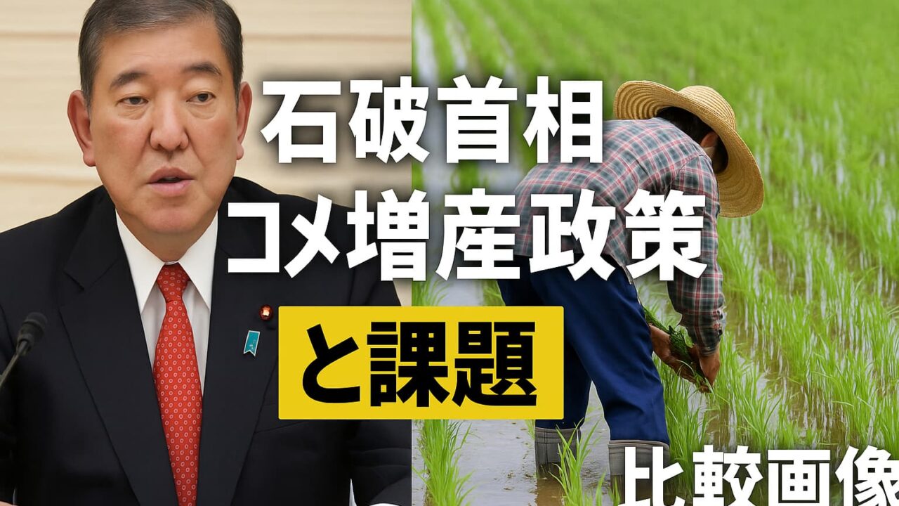 石破首相が記者会見する姿と、水田で農作業をする農家の比較画像