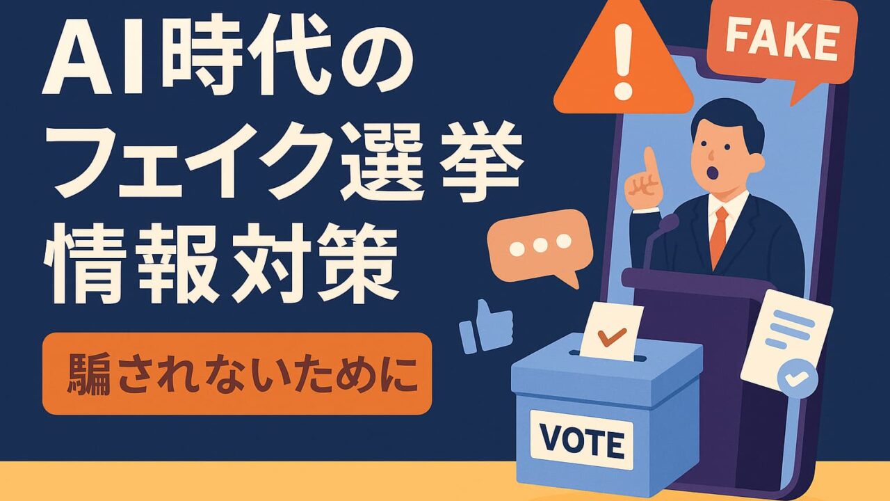 スマートフォンから発信されるフェイク情報、警告アイコン、投票箱を含む選挙とAIフェイクの対策を表した図