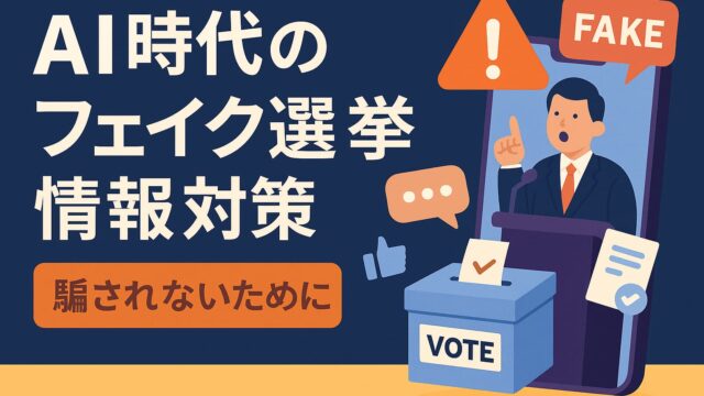 スマートフォンから発信されるフェイク情報、警告アイコン、投票箱を含む選挙とAIフェイクの対策を表した図