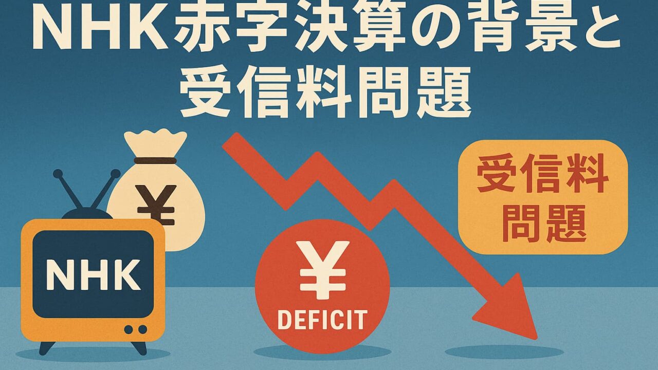 NHKの赤字決算と受信料問題を表すイラスト。NHKテレビ、赤い矢印、円マーク、受信料の文字が並ぶ。