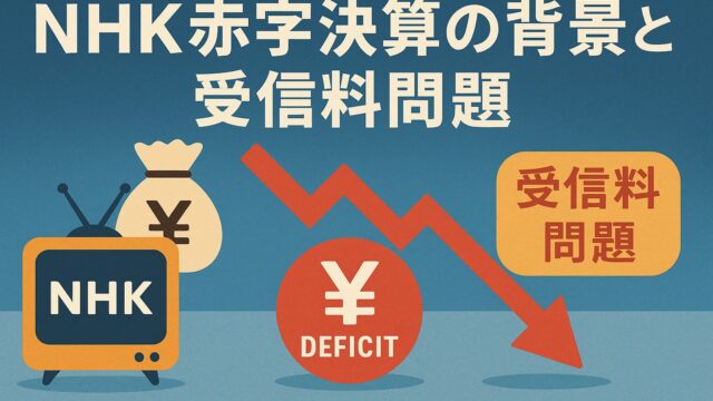 NHKの赤字決算と受信料問題を表すイラスト。NHKテレビ、赤い矢印、円マーク、受信料の文字が並ぶ。