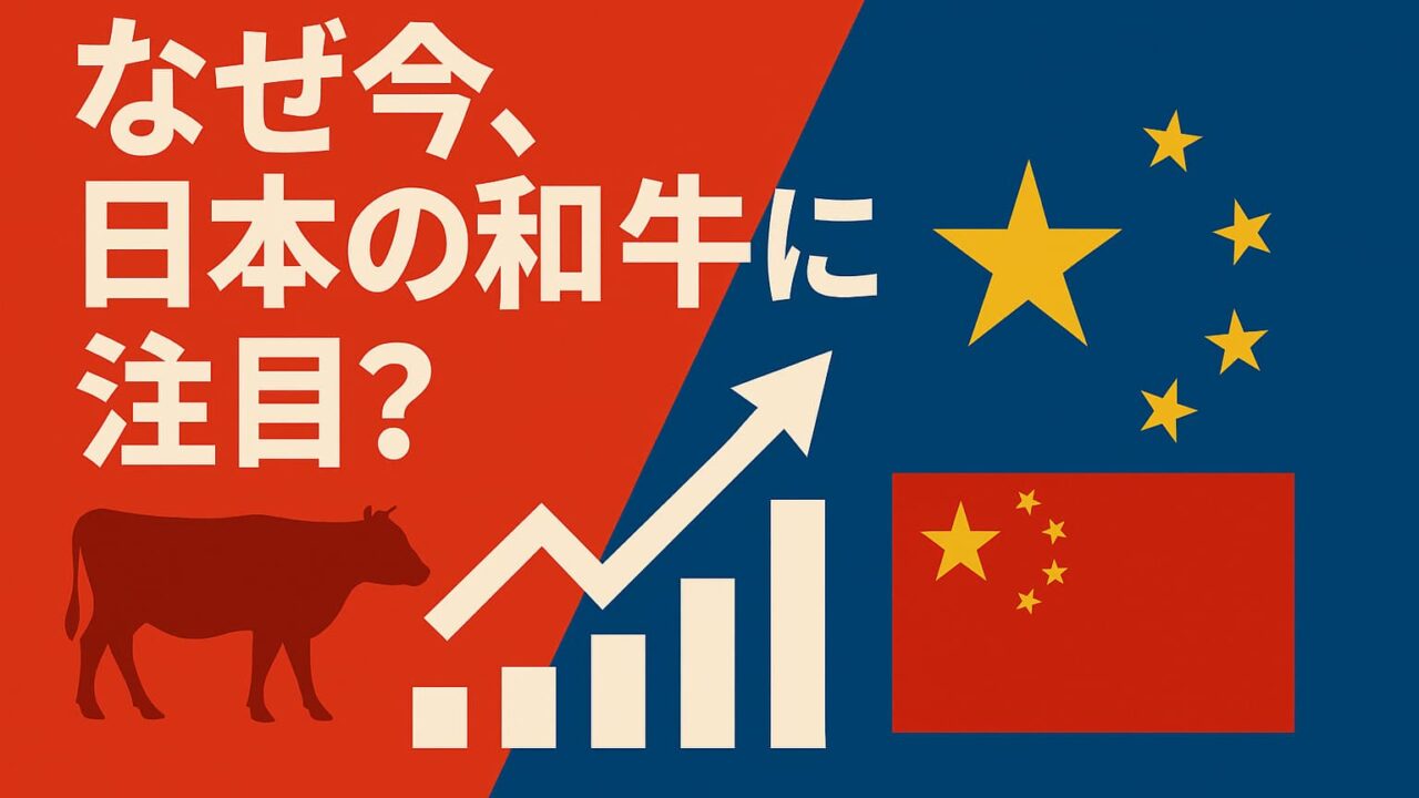 赤と青の背景に牛と国旗が描かれ、「中国の和牛争奪戦、始まる！」というテロップが表示された画像